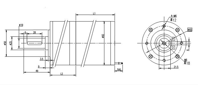 Desenho de dimens&atilde;o do motor de engrenagem CC redondo sem escova de 82 mm