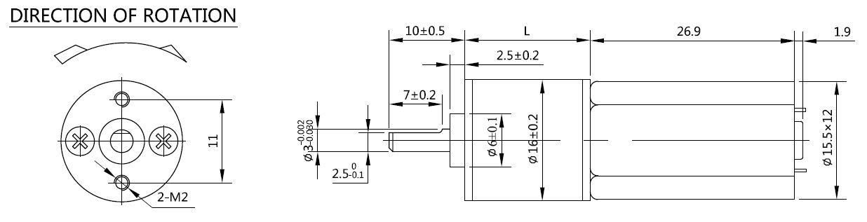 desenho dimensional do motor de engrenagem CC