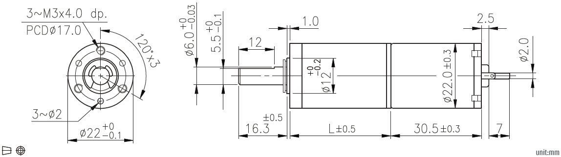 desenho da dimens&atilde;o do motoredutor planet&aacute;rio 12V e 24V da C.C. de 22mm