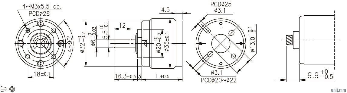 Desenho dimensional da caixa de engrenagens planet&aacute;rias de 32 mm