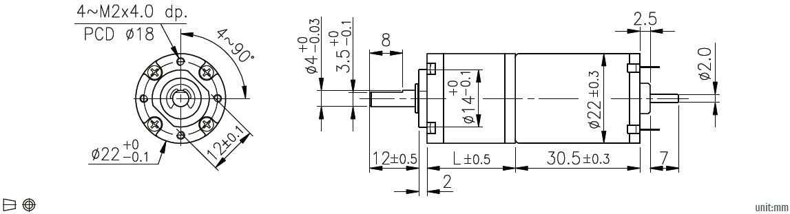 Desenho dimensional do motorredutor planet&aacute;rio DC