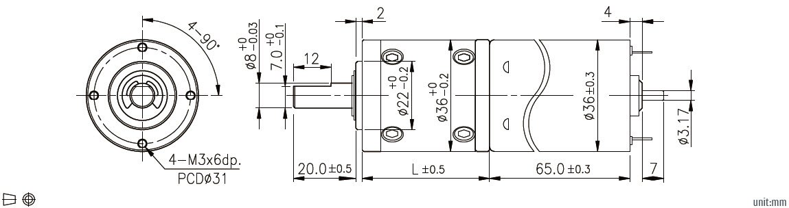 Desenho dimensional do motor de engrenagem planet&aacute;ria