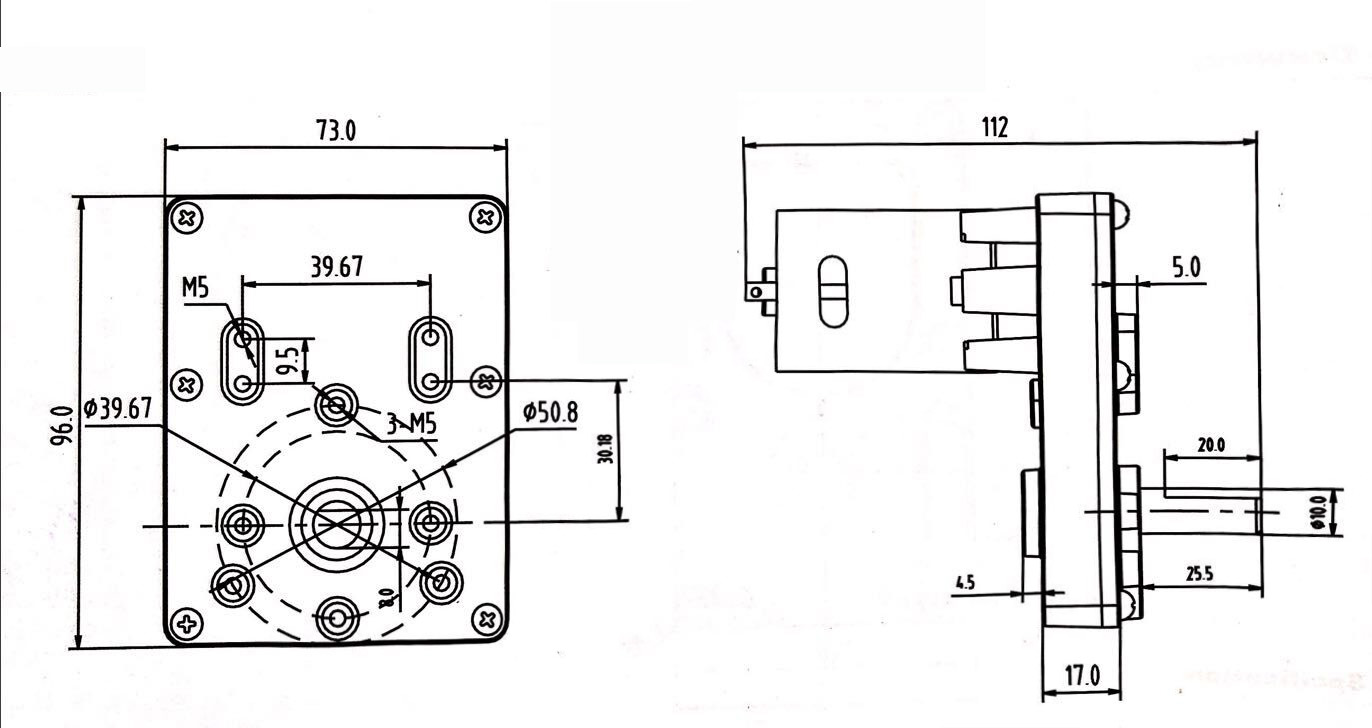 Desenho de dimens&atilde;o do motor gar de 73 mm dc