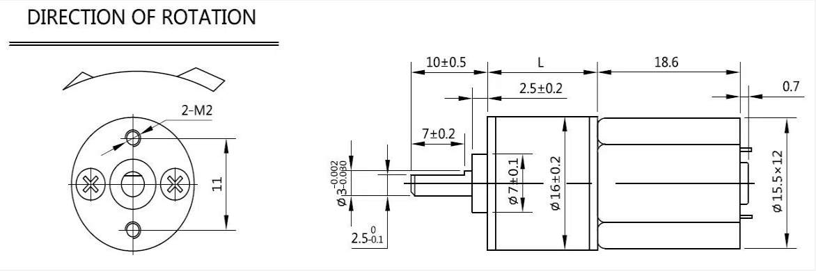 Desenho dimensional do motor de engrenagem CC de 16 mm