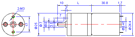 Desenho dimensional do motor de engrenagem CC de 25 mm 