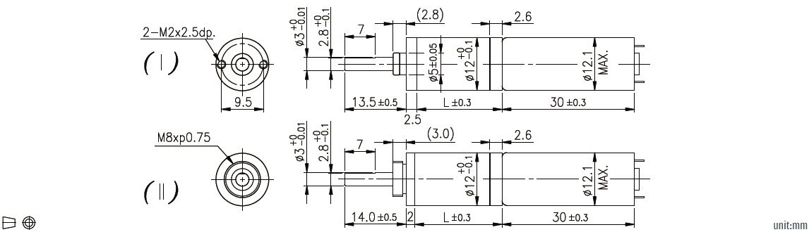 Desenho t&eacute;cnico do motorredutor planet&aacute;rio DC 12mm