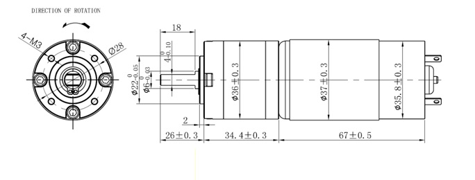 Desenho dimensional do motor de engrenagem planet&aacute;ria