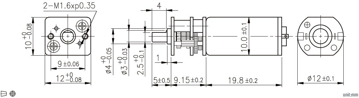 Dimens&atilde;o do motor de engrenagem dc de 12mm desenho 