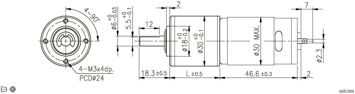 Desenho dimensional do motor de engrenagem planet&aacute;ria de 30 mm