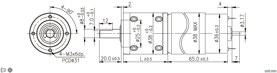Desenho t&eacute;cnico do motoredutor planet&aacute;rio DC 38mm