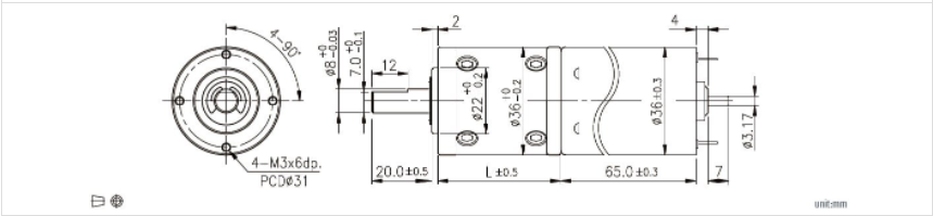 Desenho t&eacute;cnico do motor de engrenagem Planet Brushless DC 24v