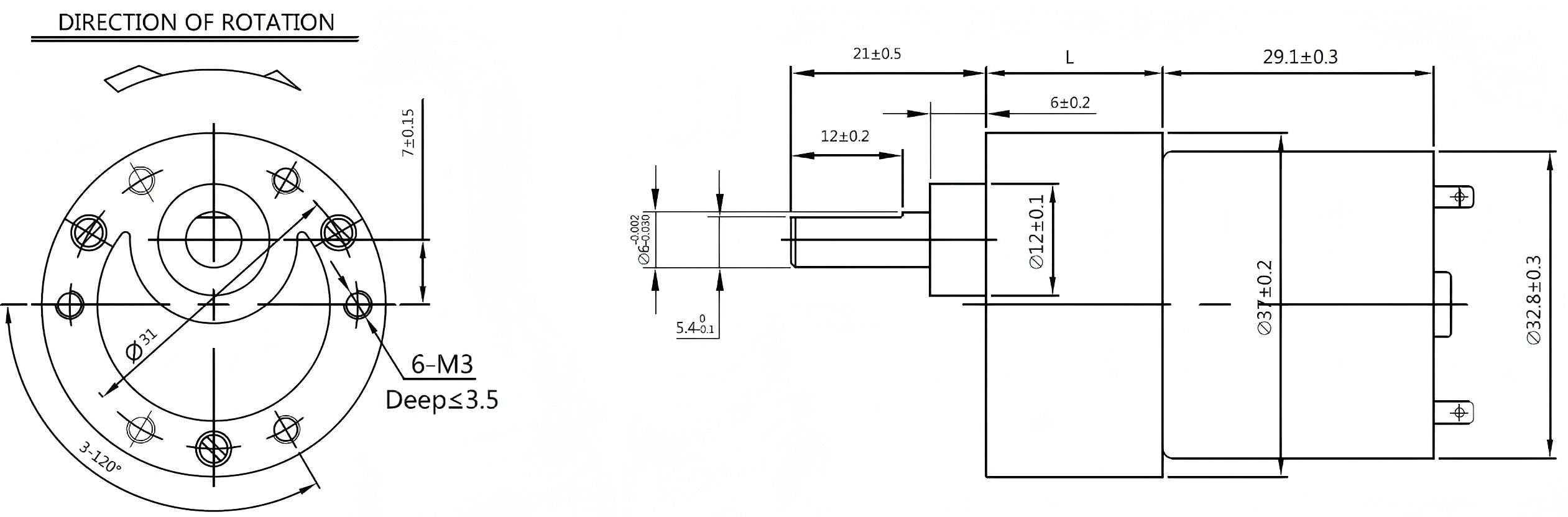 desenho de dimens&atilde;o de motor de engrenagem CC pequeno