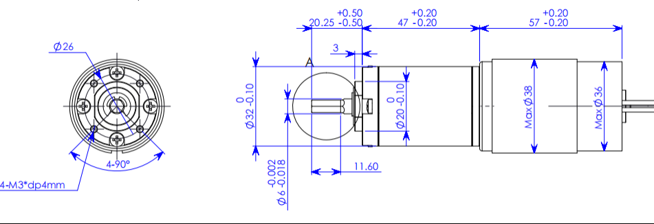 Desenho dimensional do motor redutor de toldo autom&aacute;tico Planet