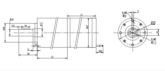 Desenho de dimens&atilde;o do motor de engrenagem bldc de 62 mm