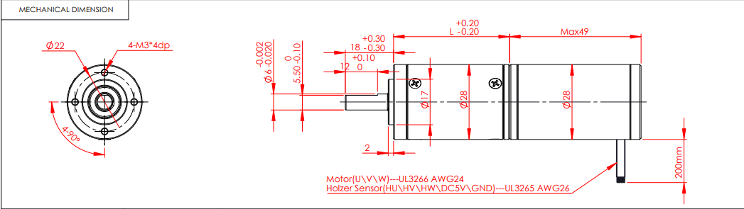 Dimens&otilde;es mec&acirc;nicas do motor de engrenagem planet&aacute;ria de 28 mm