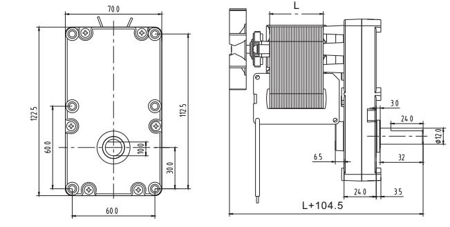 Dimens&otilde;es mec&acirc;nicas do motor de polo protegido CA de 70 mm