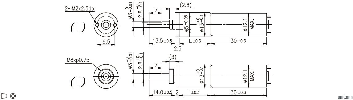 Desenho dimensional do motor redutor CC de 13 mm
