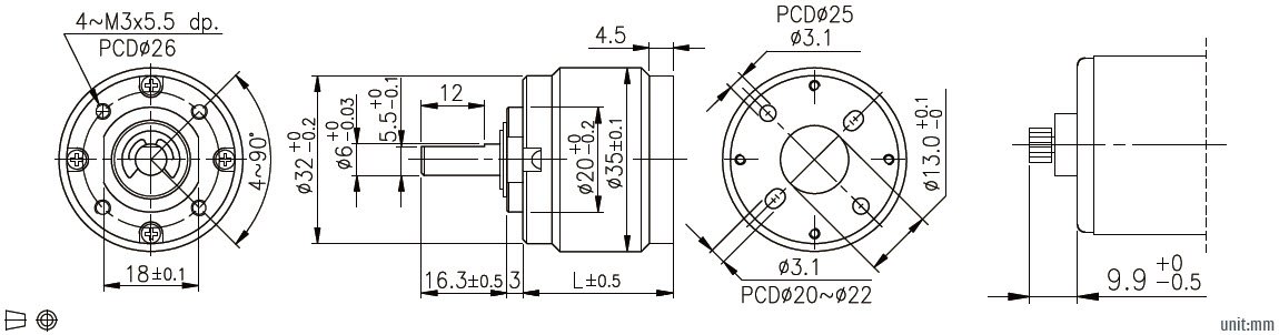 Desenho t&eacute;cnico da caixa de engrenagens planet&aacute;rias de 32 mm